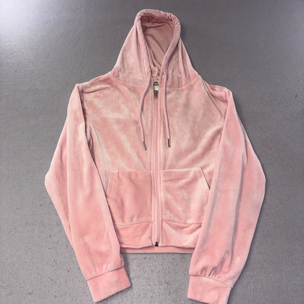 SWS Velour Zip Up Hoodie Womens Medium Pink Cropped Velvet Y2K Track Jacket